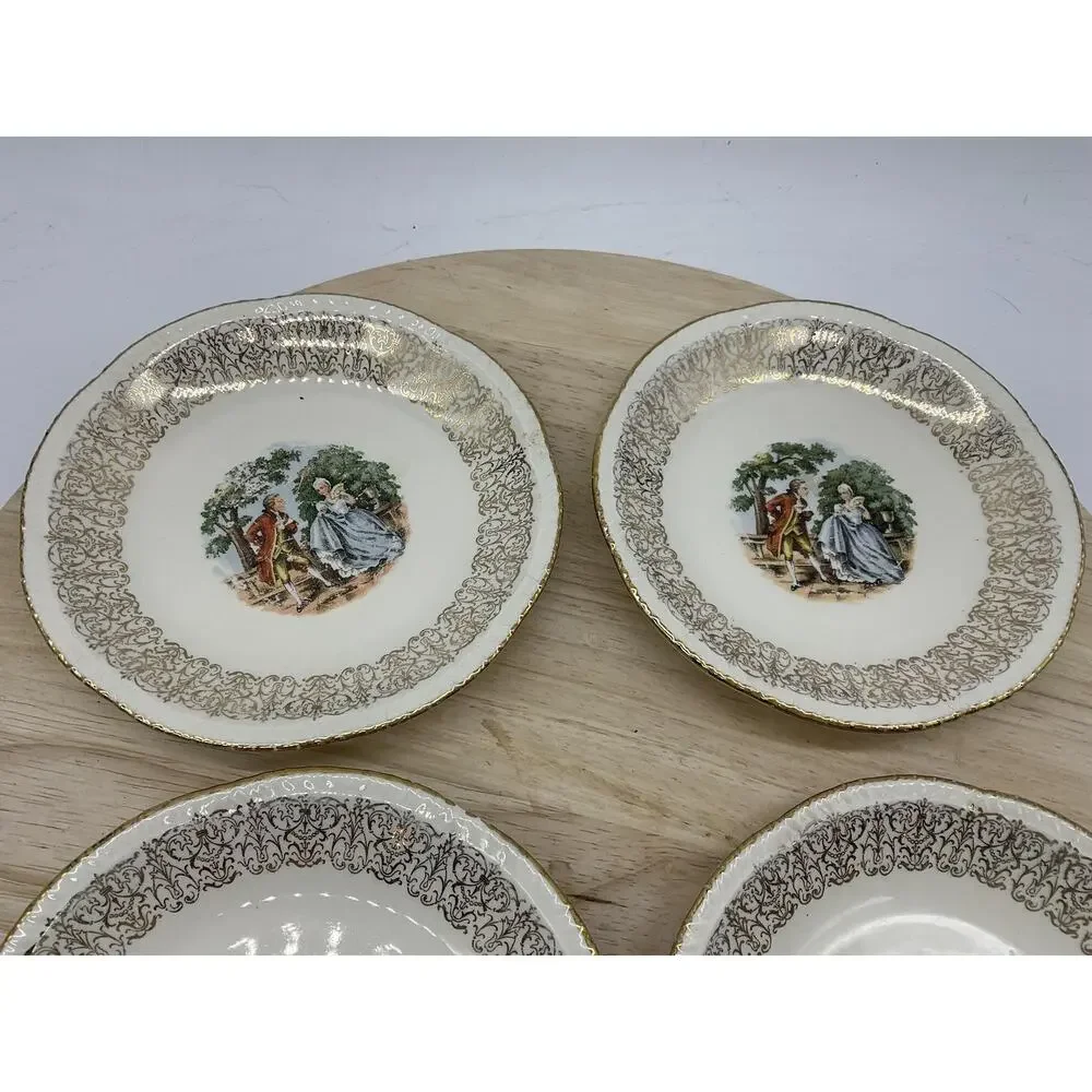 Homer‎ Laughlin Dessert Bowls Set 4 White Gold Courting Couple USA Scene Vintage